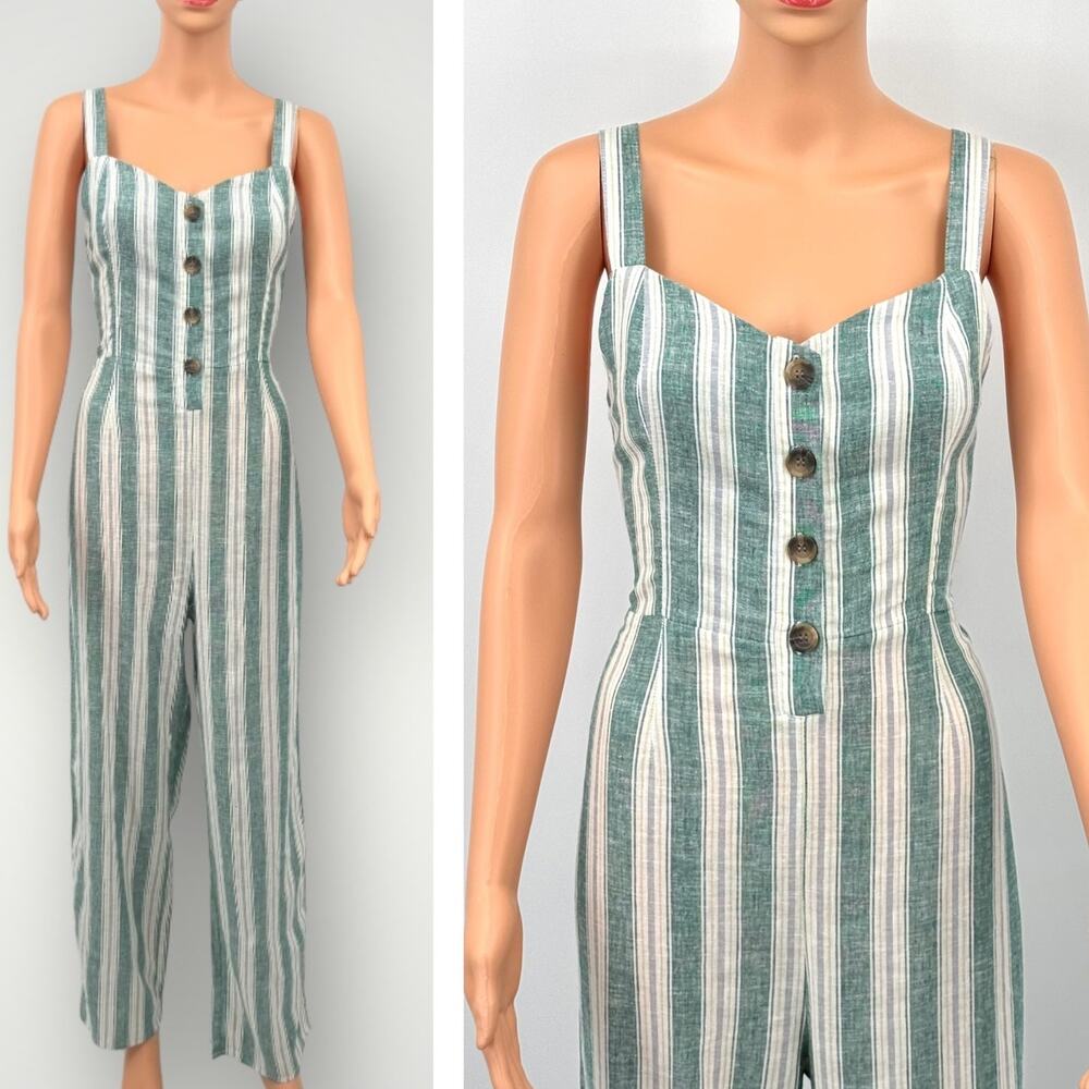 Womens Linen Blend Jumpsuit M Kelly Green Striped Wide Leg Sleeveless Tie Back - Picture 4 of 11
